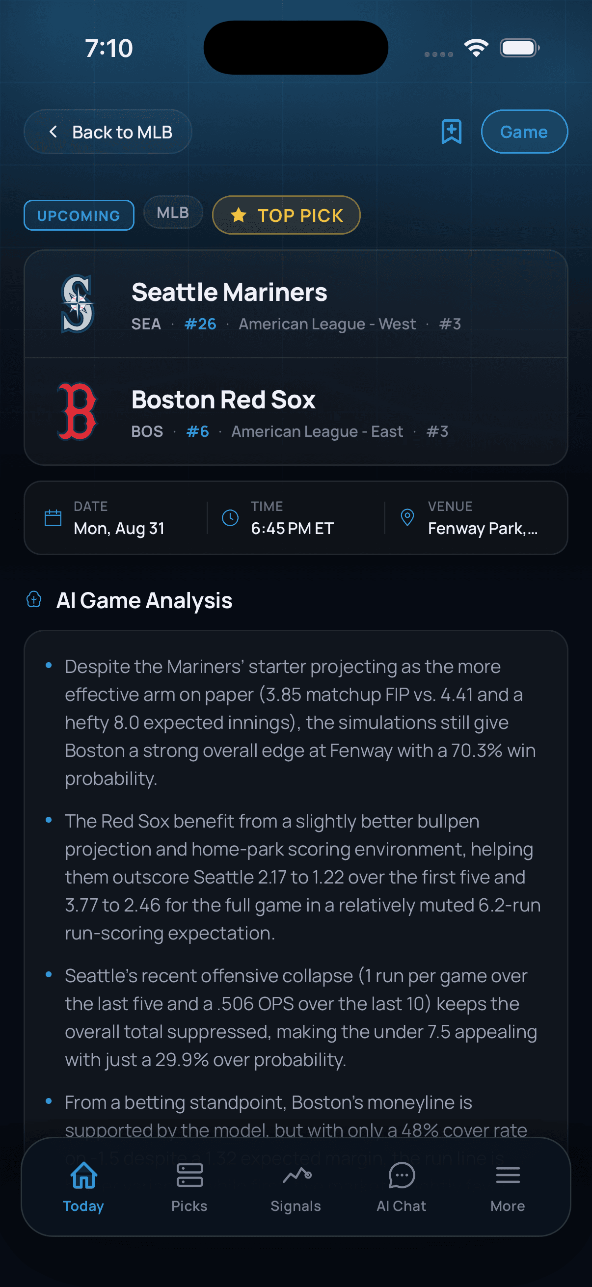 GameLens AI game analysis for Mariners at Red Sox